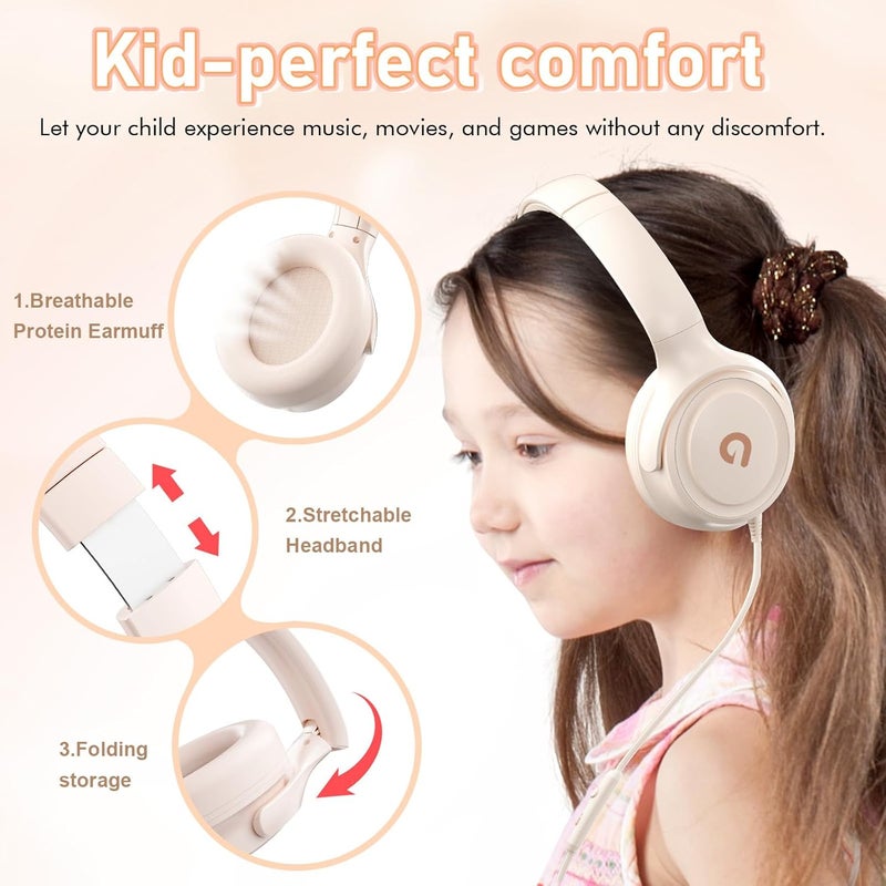 ADOOPE Kids Headphones with Cord-3.5mm Jack 85/94dB Safe Volume Control Built-in Microphone On-Ear Headphones for Kids/Teens/Girls/School/Travel/3.5mm Devices(Beige) - Image 3